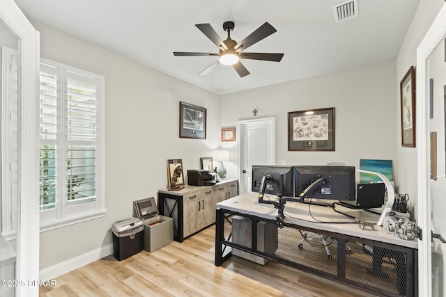 office space featuring ceiling fan and light hardwood / wood-style flooring