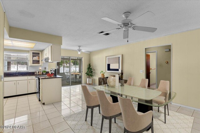 tiled dining room with a wealth of natural light, a textured ceiling, and sink