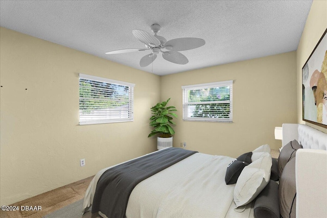 bedroom with ceiling fan, multiple windows, and a textured ceiling