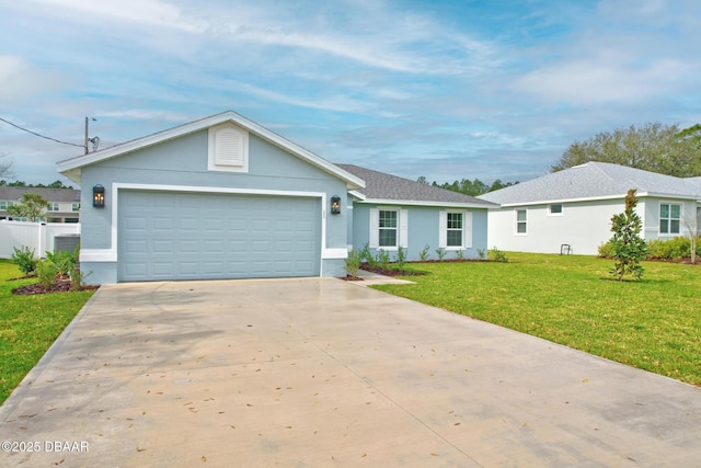 ranch-style house featuring fence, stucco siding, a front lawn, concrete driveway, and a garage