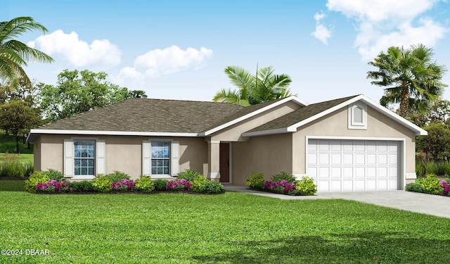 ranch-style home featuring a front lawn, a garage, roof with shingles, and stucco siding