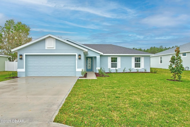 ranch-style home with stucco siding, a front lawn, an attached garage, and driveway