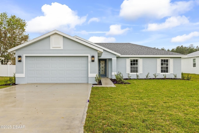 ranch-style house featuring a front yard, roof with shingles, stucco siding, concrete driveway, and a garage