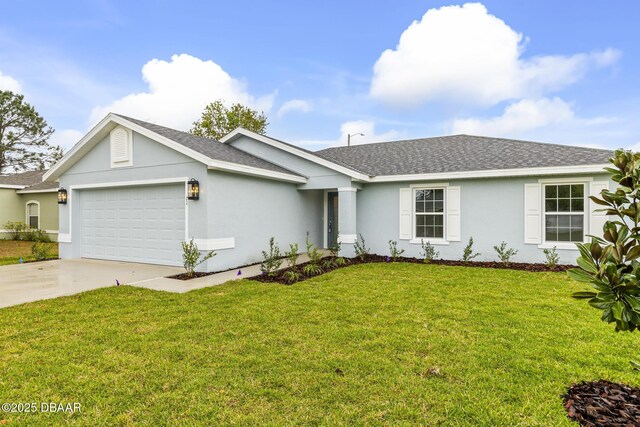 ranch-style home featuring stucco siding, a front lawn, roof with shingles, concrete driveway, and a garage