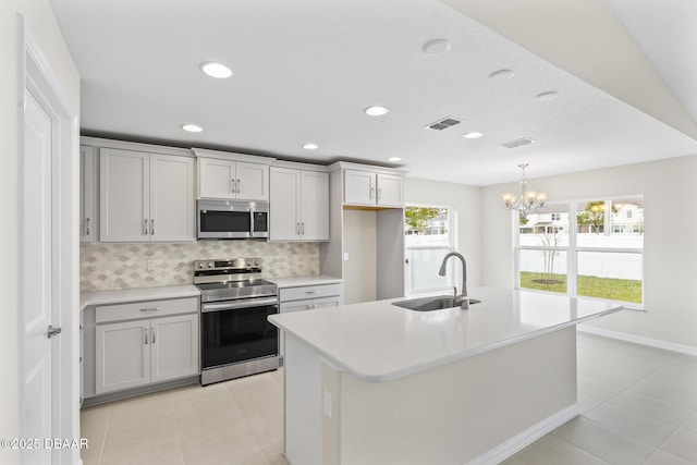 kitchen with visible vents, light countertops, decorative backsplash, appliances with stainless steel finishes, and a sink