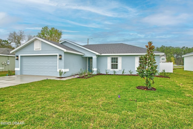 single story home with roof with shingles, driveway, an attached garage, stucco siding, and a front lawn