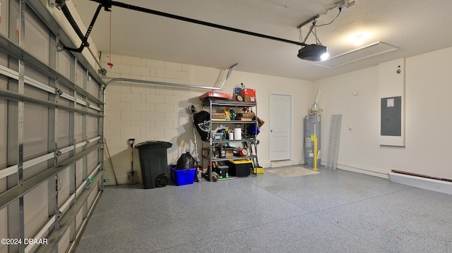 garage with water heater, a garage door opener, and electric panel