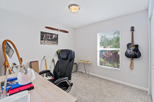 carpeted office featuring a textured ceiling