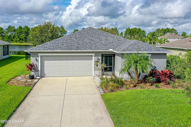 ranch-style home featuring a garage, a water view, and a front lawn