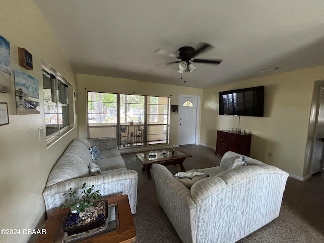 living room featuring ceiling fan