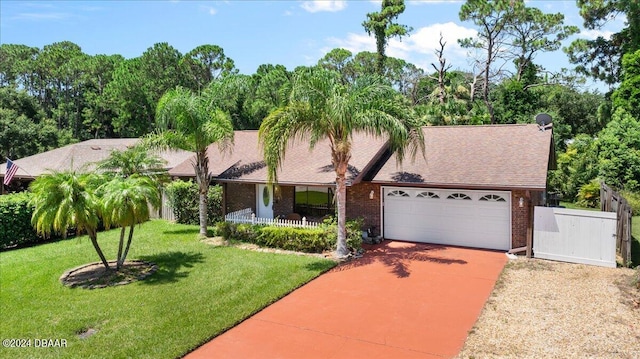 view of front facade with a front lawn, a garage, and a porch