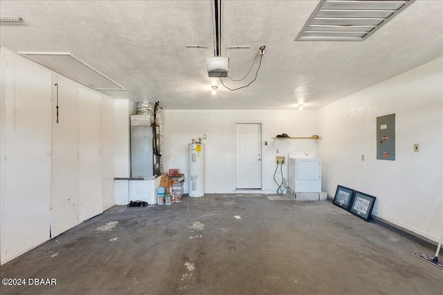 garage featuring electric panel, a garage door opener, heating unit, washer / dryer, and electric water heater