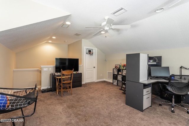 10 Foxhunter Flt, Ormond Beach, FL 32174 - carpeted office space with ceiling fan, lofted ceiling, baseboards, and visible vents