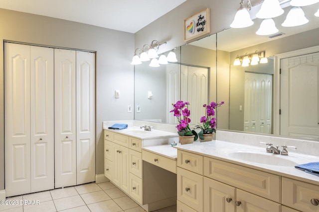 10 Foxhunter Flt, Ormond Beach, FL 32174 - bathroom with a closet, visible vents, a sink, tile patterned floors, and double vanity