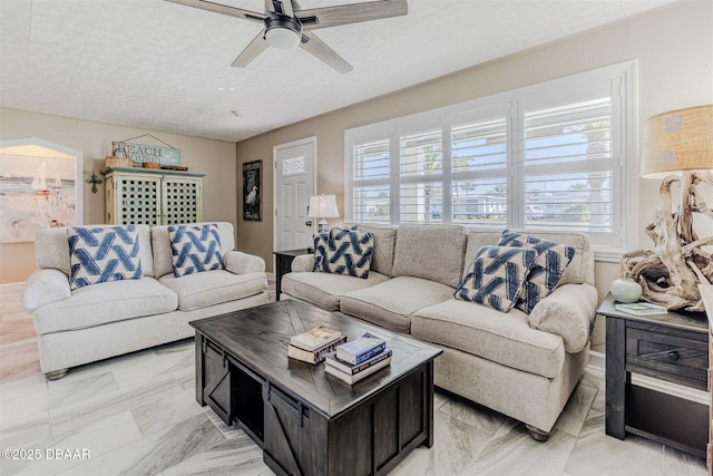 living room with ceiling fan