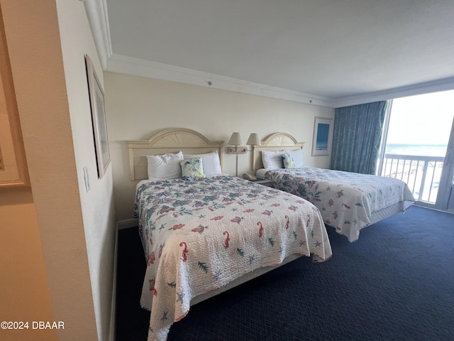 bedroom featuring access to outside, carpet, and ornamental molding