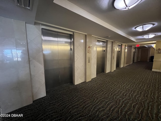 hall featuring carpet floors and elevator