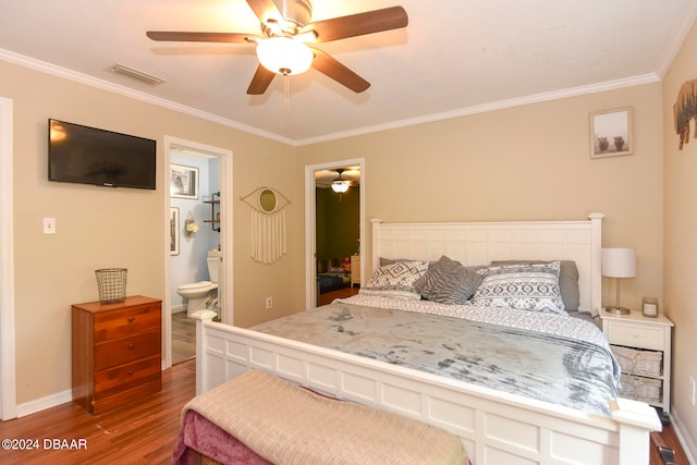 bedroom featuring ornamental molding, ceiling fan, connected bathroom, and wood-type flooring