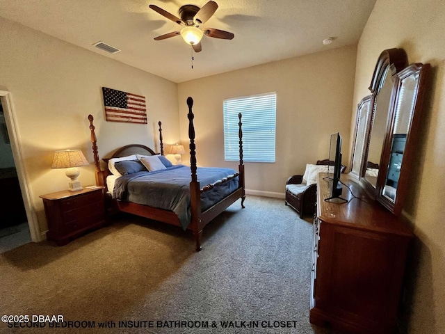 bedroom with light carpet and ceiling fan