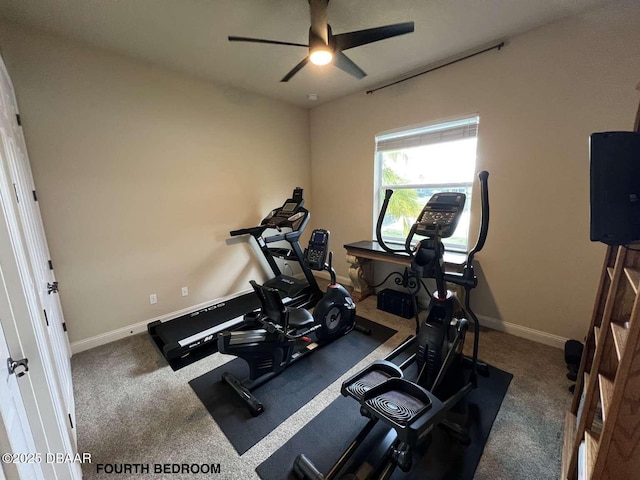 exercise area featuring ceiling fan and carpet flooring