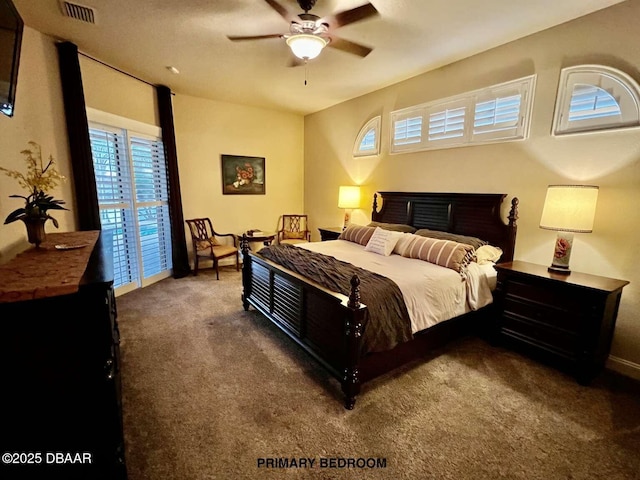 carpeted bedroom featuring ceiling fan, access to exterior, and multiple windows