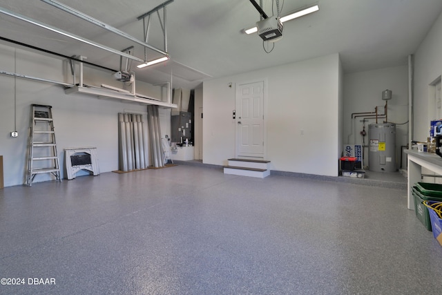 garage featuring electric water heater and a garage door opener