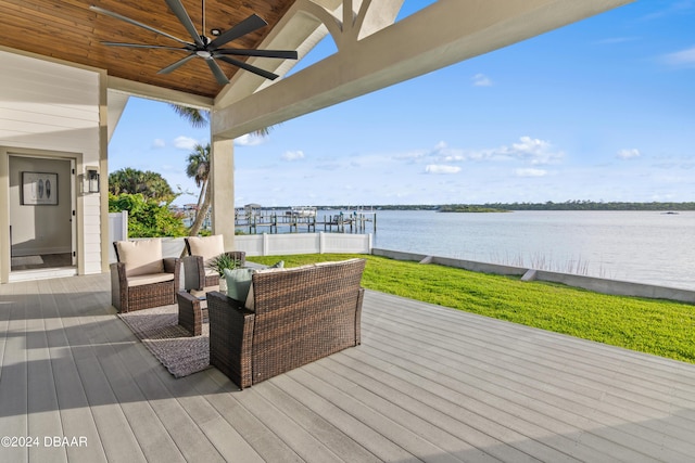 wooden terrace featuring ceiling fan and a water view