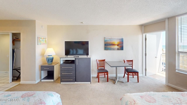 bedroom with a textured ceiling, baseboards, and light carpet