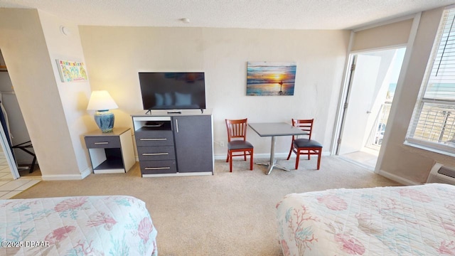 bedroom featuring light colored carpet, baseboards, and a textured ceiling