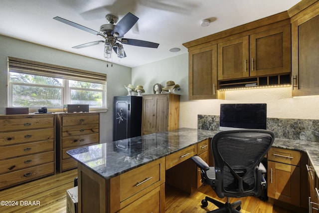 office area with ceiling fan and light wood-type flooring