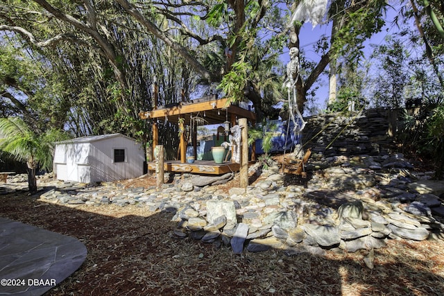 view of yard featuring a storage unit