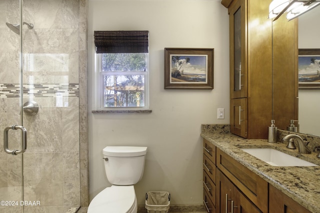 bathroom with vanity, a shower with shower door, and toilet