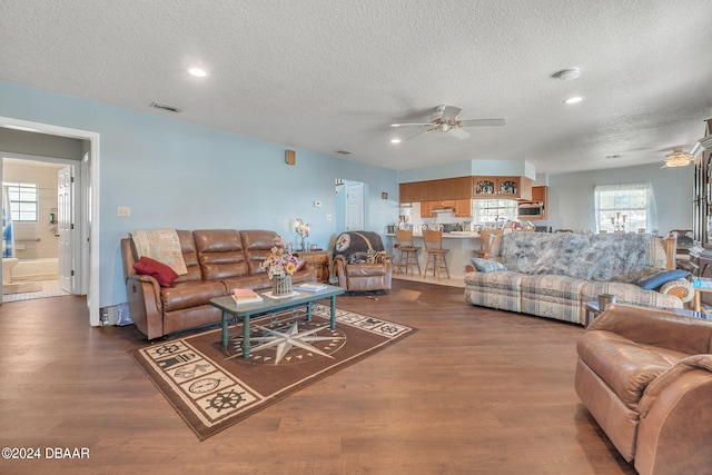 living room with hardwood / wood-style flooring, a healthy amount of sunlight, and a textured ceiling