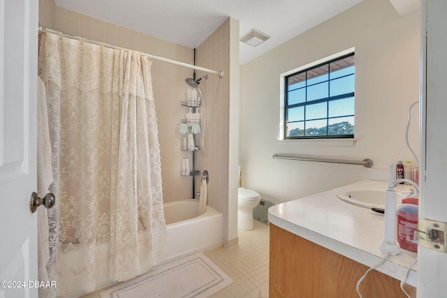 full bathroom with vanity, toilet, and shower / bath combination with curtain