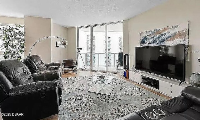 living area featuring a textured ceiling and expansive windows