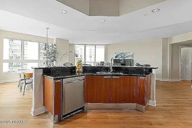 kitchen featuring plenty of natural light, a sink, light wood-style floors, and stainless steel dishwasher