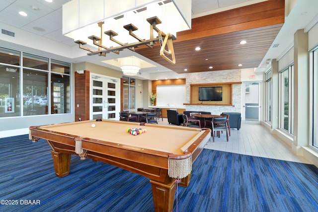 game room featuring recessed lighting, visible vents, pool table, and french doors