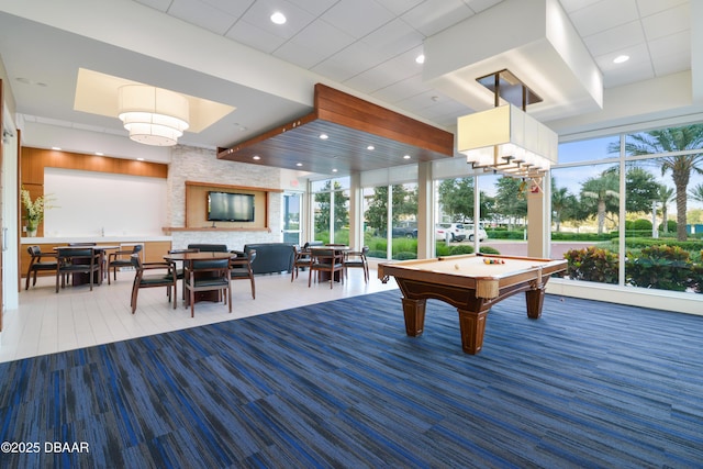 rec room with recessed lighting, a drop ceiling, and pool table