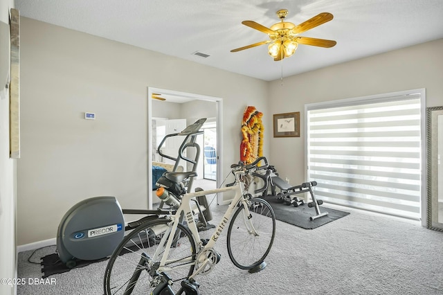 exercise room featuring carpet and ceiling fan