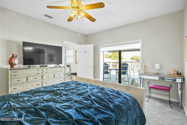 bedroom featuring access to exterior, carpet, and ceiling fan