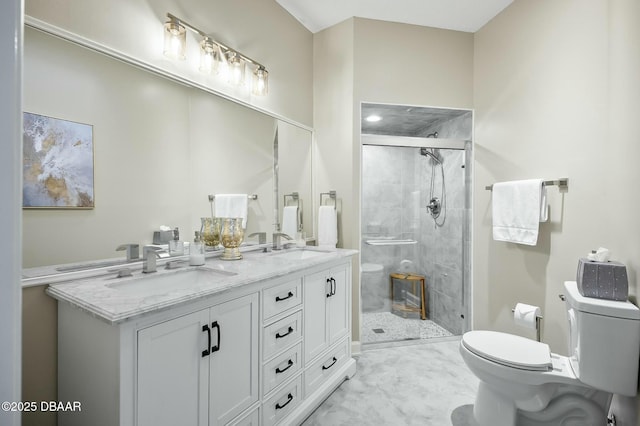 bathroom with vanity, toilet, and walk in shower