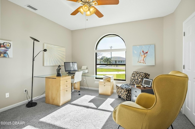 home office with carpet and ceiling fan