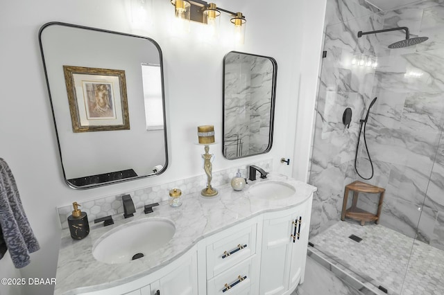 bathroom featuring vanity, a shower, and decorative backsplash