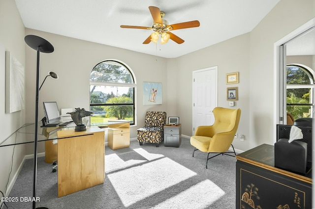 office area with ceiling fan and carpet floors