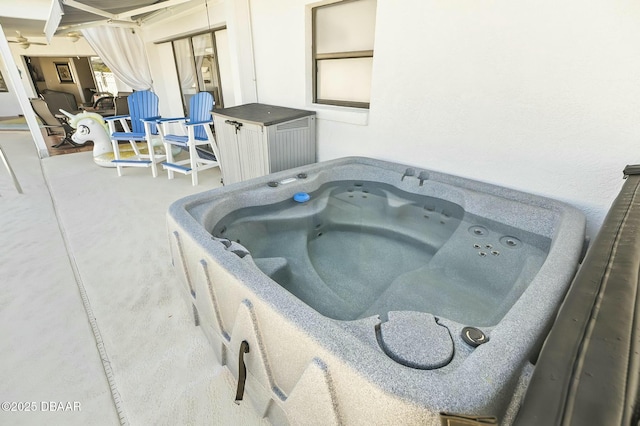 view of patio featuring a hot tub