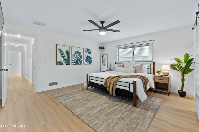 bedroom featuring ceiling fan and light wood-type flooring