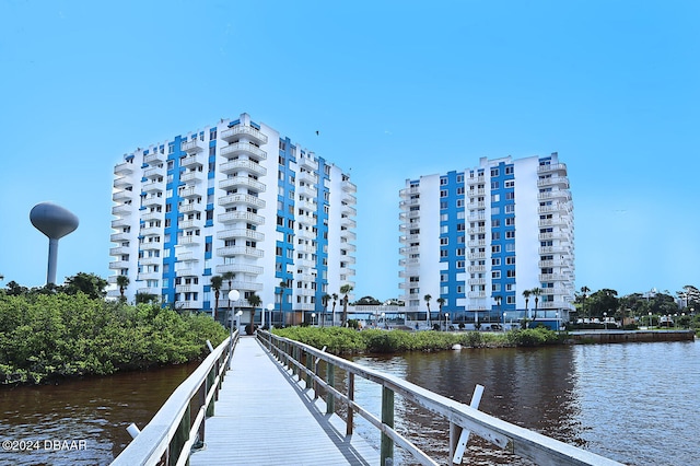 view of dock with a water view