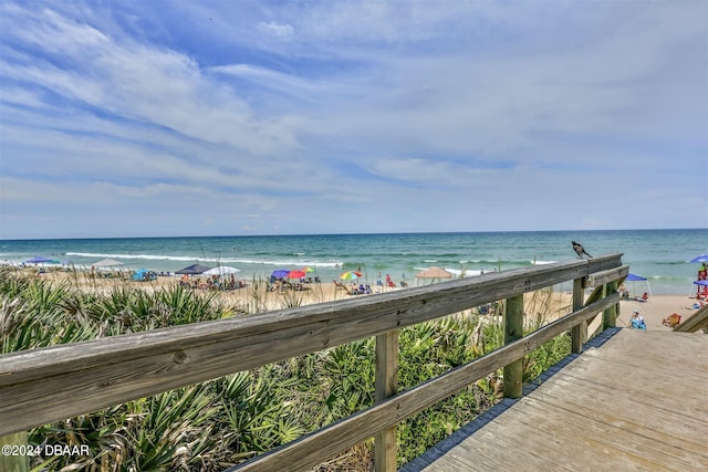 view of water feature with a beach view