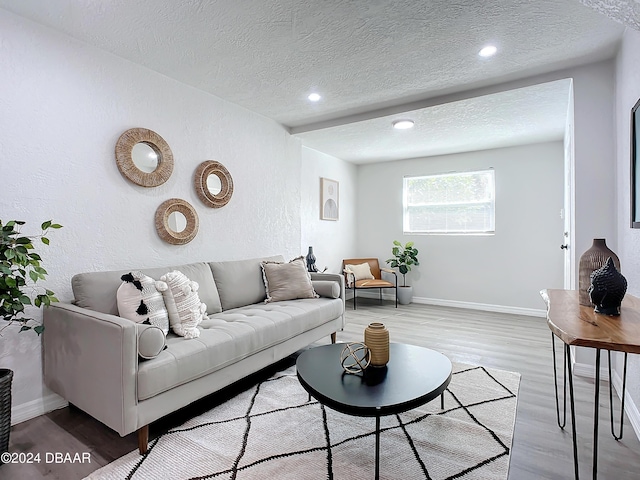 living room with a textured ceiling and light wood-type flooring