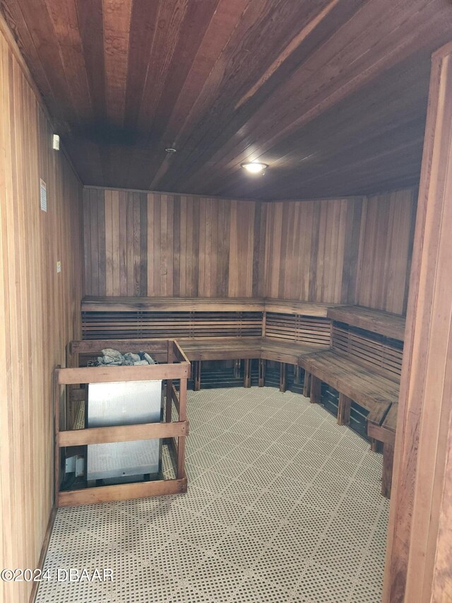 view of sauna / steam room featuring wooden walls and wooden ceiling